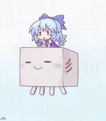  1girl 216 artist_name blue_bow blue_eyes blue_hair blue_skirt blue_vest bow chibi chibi_only cirno closed_eyes closed_mouth commentary_request detached_wings flying full_body ghast hair_bow happy_ghast ice ice_wings minecraft neck_ribbon red_ribbon ribbon riding riding_animal shirt short_hair short_sleeves signature skirt smile touhou vest white_shirt wings 