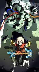  boots cable electric_guitar exhausted flcl gloves guitar hair_between_eyes haruhara_haruko highres instrument looking_up mechanical_arms pink_hair pink_punk_ponk short_hair single_mechanical_arm teeth white_boots yellow_gloves 