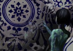  1girl abstract_background black_hair black_sclera blue_eyes blue_skin blunt_bangs blunt_ends bob_cut breasts colored_sclera colored_skin commentary completely_nude different_reflection disillusion english_commentary english_text floral_print_wall from_behind green_skin grey_skin hand_up highres melpomene_(disillusion) mosaic_art multicolored_skin myfk no_nipples no_pussy nude open_mouth painterly pointing reflection reflective_surface reflective_wall short_hair standing surreal talking wide_shot 