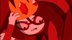  1girl adventure_time adventure_time_(artist) all_fours arm_up bent_over betty_grof brown_hair close-up colored_sclera crown frown furrowed_brow gem glasses hair_between_eyes hair_over_shoulder hand_on_own_arm hand_on_own_head hand_up holding holding_crown long_sleeves looking_down medium_hair no_nose official_art red-framed_eyewear red_background red_gemstone red_hair red_light red_sclera red_sweater round_eyewear round_teeth shadow simple_background solo_focus sweater teeth thinking top-down_bottom-up upper_teeth_only 
