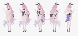  1girl absurdres alternate_costume animal_ears ass black_leotard black_ribbon blue_eyes breasts chinese_commentary clothing_cutout commentary_request elysia_(honkai_impact) fake_animal_ears fake_tail from_behind hair_ribbon high_heels highres honkai_(series) honkai_impact_3rd large_breasts leotard long_hair multiple_views navel navel_cutout nipples pantyhose pink_hair pmg rabbit_ears rabbit_tail ribbon smile tail thigh_strap topless_female very_long_hair white_background white_pantyhose 