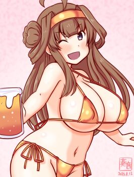  1girl ahoge alternate_costume beer_mug bikini brown_hair commentary_request covered_erect_nipples cowboy_shot cup double_bun gold_bikini gold_hairband grey_eyes hair_bun hairband holding holding_cup kanon_(kurogane_knights) kantai_collection kongou_(kancolle) long_hair micro_bikini mug one-hour_drawing_challenge one_eye_closed side-tie_bikini_bottom smile solo swimsuit 