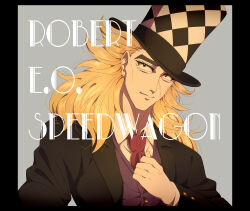  1boy absurdres adjusting_clothes adjusting_necktie ascot blonde_hair blue_eyes character_name hat highres jojo_no_kimyou_na_bouken long_hair male_focus necktie phantom_blood robert_e._o._speedwagon scar siniy solo sweater_vest top_hat 