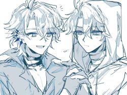  2boys antenna_hair caecla choker closed_mouth collared_shirt dual_persona ear_piercing gloves hair_between_eyes happy high_collar highres holding_hands honkai:_star_rail honkai_(series) hood hood_up hoodie korean_commentary leaning_to_the_side looking_at_another looking_to_the_side monochrome multiple_boys open_mouth pectoral_cleavage pectorals phainon_(honkai:_star_rail) piercing selfcest shaded_face shirt short_hair simple_background spoilers spoken_notice_lines standing sweatdrop upper_body wavy_hair white_background yaoi 