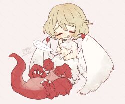  1girl blonde_hair blush body_fur breasts centauroid chibi chibi_only chimera claws closed_eyes closed_mouth commentary_request dungeon_meshi falin_touden falin_touden_(chimera) feathered_wings feathers full_body hair_between_eyes hand_up highres hungry large_breasts lying monster_girl navel on_back red_scales shiro_(tiotolv) short_hair sidelocks signature solo stomach taur tongue tongue_out underboob watermark white_feathers wings 