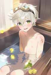  1boy :d absurdres bandaid bandaid_on_face bandaid_on_nose bathing bathtub bennett_(genshin_impact) blonde_hair collarbone commentary_request genshin_impact goggles goggles_on_head green_eyes hair_between_eyes happy highres in_bathtub indoors kiino_(keeeno_7th) knees looking_at_viewer male_focus nipples open_mouth scar scar_on_shoulder short_hair shota sitting smile solo teeth upper_teeth_only water window_blinds 