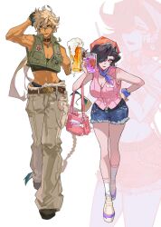  2girls alcohol alternate_costume argus_(reverse:1999) arm_up beer beer_mug black_hair black_tube_top blonde_hair blue_scrunchie blue_shorts breasts brown_pants cleavage cup drink drinking_straw green_vest gusarlol hair_over_one_eye hand_on_own_head hand_on_own_hip hands_up highres holding holding_cup large_breasts long_hair mug multiple_girls navel neckerchief one_eye_covered pants parted_lips pink_bag pink_eyes pink_vest purple_neckerchief reverse:1999 scar scar_across_eye scar_on_face scrunchie shorts smile socks strapless toned toned_female tube_top tuesday_(reverse:1999) vest walking white_background white_socks wrist_scrunchie yellow_eyes 