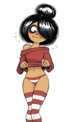  bags_under_eyes black_eyes black_hair blush clothes_lift embarrassed maya_schoppenboer navel nose one_eye_covered ongezellig panties red_legwear red_panties simple_background smile striped_clothes striped_legwear striped_panties sweat thighhighs underwear white_background white_legwear white_panties  rating:Questionable score:83 user:purpleporrim