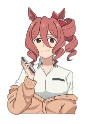  1girl absurdres bow brown_cardigan brown_eyes brown_hair cardigan cellphone closed_mouth commentary cropped_torso dress_shirt drill_hair drill_sidelocks ear_bow ef_natto english_commentary hair_between_eyes highres holding holding_phone kasamatsu_tracen_school_uniform long_sleeves looking_at_viewer medium_hair mixed-language_commentary norn_ace_(umamusume) off_shoulder partially_unbuttoned phone school_uniform shirt side_drill sidelocks simple_background smartphone smile solo umamusume umamusume:_cinderella_gray upper_body white_background white_shirt wing_collar 