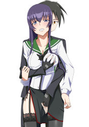 1boy 1girl blush breasts busujima_saeko garter_belt gloves grabbing_another&#039;s_breast grabbing_from_behind groping hetero highschool_of_the_dead long_hair panties purple_hair school_uniform short_hair side-tie_panties skirt teeth thighhighs thighs underwear yoshida_keiji rating:Questionable score:37 user:Princess_of_Hoenn