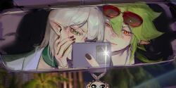  2boys absurdres aotu_world black_nails blurry car cellphone chinese_commentary choker closed_mouth earrings eyewear_on_head green_eyes green_hair grey_hair hair_between_eyes hand_on_another&#039;s_face highres holding holding_phone jewelry long_hair looking_at_viewer macchiato_bi_guanzhong male_focus motor_vehicle multicolored_eyes multiple_boys nail_polish phone pointy_ears red_eyes selfie short_hair smartphone smile sunglasses tinted_eyewear white_hair xander_(aotu_world) yaoi yellow_eyes zain_(aotu_world) 