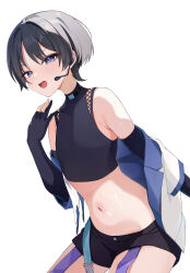  1boy absurdres bare_shoulders black_gloves black_hair black_shirt black_shorts black_sleeves chobonu commentary_request crop_top fingerless_gloves fishnets genshin_impact girly_boy gloves headset highres male_focus midriff navel open_mouth purple_eyes scaramouche_(genshin_impact) shirt short_hair short_sleeves shorts solo stomach wanderer_(genshin_impact) wanderer_(truth_&amp;_justice)_(genshin_impact) white_background 