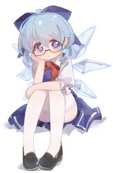  1girl absurdres ahoge bespectacled black-framed_eyewear black_shoes blue_bow blue_dress blue_eyes blue_hair bow cirno closed_mouth dress elbow_rest full_body glasses gumingdi_ban hair_bow head_rest highres ice ice_wings knees_to_chest looking_at_viewer mary_janes neck_ribbon pantyhose puffy_short_sleeves puffy_sleeves red_ribbon ribbon semi-rimless_eyewear shoes short_hair short_sleeves simple_background sitting solo thighband_pantyhose touhou under-rim_eyewear white_background white_pantyhose wings 