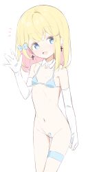  1girl bandaid bandaid_on_pussy bikini blonde_hair blue_bow blue_eyes bow cross cross_earrings detached_collar dot_nose earrings elbow_gloves female_focus flat_chest gloves groin hair_bow hair_ornament hand_up highres jewelry legs_together loli looking_at_viewer maebari navel open_mouth original piercing ribbon short_hair simple_background skinny smile solo standing swimsuit thigh_gap thigh_strap urotsuki_(ku9625) white_gloves wing_collar  rating:Sensitive score:69 user:danbooru