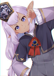  1girl dark-skinned_female dark_skin elf elvaan final_fantasy final_fantasy_xi highres kyuzuki89 long_hair looking_at_viewer low-tied_long_hair pointy_ears prishe purple_eyes purple_hair simple_background smile solo thumbs_down upper_body white_background 