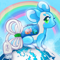  absurdres alt_text animal animal_focus aqua_mouse cable cable_tail clownfish commentary computer_mouse creature creature_focus english_commentary fish frutiger_aero globe green_eyes highres looking_at_viewer mechanical_tail mouse_(animal) no_humans original pun rainbow sparkytopia tail usb usb_tail water 