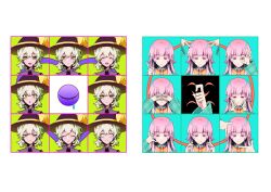  2girls :o aqua_skirt blush bow bowtie closed_eyes closed_mouth collared_shirt expressionless frown green_eyes green_hair hair_between_eyes hat hata_no_kokoro highres komeiji_koishi long_hair medium_hair multiple_expressions multiple_girls open_mouth orange_bow orange_bowtie pink_eyes pink_hair shirt skirt smile third_eye touhou variations x_mouth xian_qishui yellow_shirt 