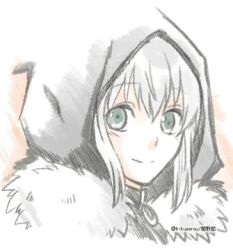  1girl black_hood commentary_request fate_(series) fur_trim gray_(fate) grey_eyes grey_hair kikuyarou lord_el-melloi_ii_case_files lowres orange_background portrait simple_background smile solo twitter_username 