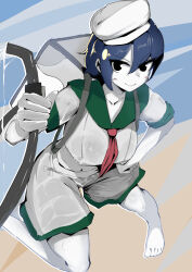  1girl alice_chococake barefoot black_eyes blue_hair blush breasts closed_mouth colored_skin commentary_request cookie_(touhou) full_body green_sailor_collar hat highres holding holding_hose hose large_breasts looking_at_viewer milk_(cookie) murasa_minamitsu neckerchief red_neckerchief sailor_collar shirt short_hair shorts smile solo touhou uriko_(baseball) white_hat white_shirt white_shorts white_skin 