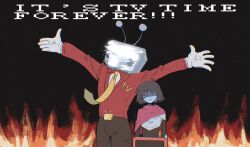  1boy 1other ant_tenna armor belt_buckle black_bodysuit black_hair black_pants bodysuit buckle cape chidori_(penguin_matsuno) cowboy_shot crt deltarune english_text film_grain fire gloves highres kris_(dark_world)_(deltarune) kris_(deltarune) necktie object_head outstretched_arms pants partially_shaded_face pointy_nose red_eyes short_hair sweat tailcoat white_gloves yellow_necktie 