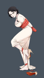  1girl absurdres alcina_dimitrescu bound breasts cleavage dress earrings highres jewelry large_breasts looking_at_viewer lost_one_zero necklace resident_evil resident_evil_village restrained short_hair solo tape tape_bondage white_dress yellow_eyes 