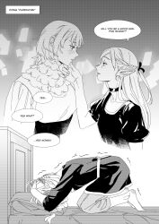  2girls barefoot bed bent_over black_dress blush body_fur braid braided_twintails choker commentary dress dungeon_meshi elf english_commentary english_text eye_contact face_in_pillow falin_touden feathers gradient_background greyscale hair_ribbon half_up_half_down_braid hand_on_another&#039;s_chin hands_on_own_head highres kneeling left-to-right_manga long_hair looking_at_another marcille_donato messy_hair monochrome multiple_girls on_bed pants parientou parted_lips pillow pointy_ears profile puffy_short_sleeves puffy_sleeves ribbon robe sash shaking short_hair short_sleeves speech_bubble white_feathers yuri 