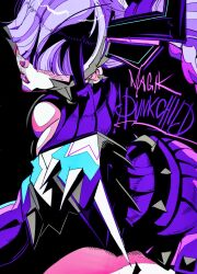  1girl black_background breasts cleavage covered_eyes hair_over_eyes highres jewelry long_hair magik_(punkchild)_(x-men) magik_(x-men) marvel marvel_rivals official_alternate_costume punk purple_hair simple_background solo spikes twintails wolfmarker x-men 