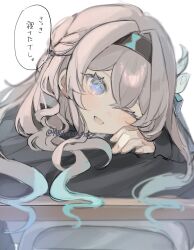  aroha252538 black_hairband black_shirt black_sleeves blush desk firefly_(honkai:_star_rail) gradient_eyes gradient_hair green_pupils grey_hair hair_between_eyes hair_intakes hair_ornament hair_ribbon hairband highres honkai:_star_rail honkai_(series) long_hair long_sleeves multicolored_eyes multicolored_hair on_desk one_eye_closed open_mouth ribbon shirt sitting smile speech_bubble twitter_username 