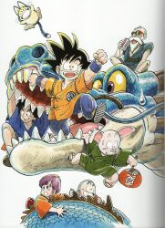  1980s_(style) 1girl 6+boys :d absurdres aged_down alcohol aqua_scales arm_up bald beard beer black_hair brown_tail bulma can child clenched_hand colored_sclera dragon dragon_ball dragon_ball_(classic) eastern_dragon facial_hair hand_fan highres holding holding_can holding_fan japanese_clothes jinbei_(clothes) kimono kuririn looking_up monkey_boy monkey_tail multiple_boys muten_roushi official_art old old_man oldschool oolong open_mouth orange_kimono pig puar purple_eyes purple_hair retro_artstyle sandals scan sharp_teeth smile son_goku spiked_hair sunglasses sweatdrop tail teeth third-party_source toriyama_akira white_background white_facial_hair yamcha yellow_sclera 