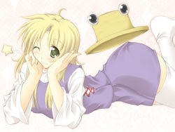 1girl asshat blonde_hair female_focus hat lozelia moriya_suwako aged_up one_eye_closed smile solo thighhighs touhou white_thighhighs wink 