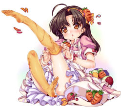 1girl :&lt; :o ahoge blush brown_eyes brown_hair carrot cherry cooking_idol_ai!_mai!_main! dress feet female_focus food food-themed_clothes frills fruit hairband hat hiiragi_mine kink_(tortoiseshell) long_hair no_shoes orange_thighhighs panties pantyshot sock_pull soles solo strawberry sweatdrop thighhighs toes underwear white_background white_panties yellow_eyes yellow_thighhighs rating:Questionable score:64 user:danbooru