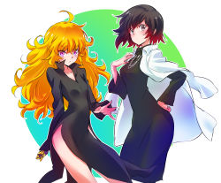  2girls ahoge alternate_breast_size black_dress black_hair blonde_hair cosplay dress fubuki_(one-punch_man) fubuki_(one-punch_man)_(cosplay) gradient_hair hayami_saori highres iesupa long_hair multicolored_hair multiple_girls one-punch_man prosthesis prosthetic_arm purple_eyes red_hair ruby_rose rwby voice_actor_connection short_hair siblings grey_eyes sisters tatsumaki tatsumaki_(cosplay) two-tone_hair wavy_hair yang_xiao_long  rating:Sensitive score:41 user:danbooru