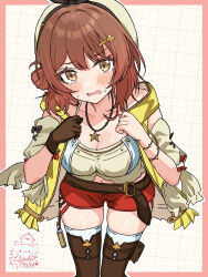  1girl alternate_costume atelier_(series) atelier_ryza beret blush boots border breasts brown_eyes brown_gloves brown_hair cleavage collarbone commentary cosplay eyelashes feet_out_of_frame gakuen_idolmaster gloves hair_bun hair_ornament hairclip hanami_ume hands_up hat highres hiyoko_neneko idolmaster jewelry large_breasts leaning_forward looking_at_viewer medium_hair navel necklace outline outside_border pink_border red_shorts reisalin_stout reisalin_stout_(cosplay) ribbon shorts signature simple_background single_glove single_side_bun skindentation solo standing star_(symbol) star_necklace sweatdrop symbol-only_commentary textless_version thick_thighs thigh_boots thighhighs thighs white_background white_hat white_outline white_ribbon white_thighhighs 