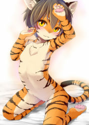  1girl :3 animal_ears arched_back armpits artist_request barefoot blush brown_hair cat_ears chest_tuft claw_pose completely_nude animal_ear_fluff featureless_crotch female_focus flat_chest furry loli looking_at_viewer navel nude orange_fur pawpads shiitakemeshi sitting slit_pupils soles solo tail tiger tiger_stripes two-tone_fur wariza whiskers yellow_eyes  rating:Questionable score:108 user:Len