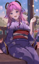  1girl :d absurdres blue_eyes blush braid citlali_(genshin_impact) commentary_request evening feet_out_of_frame fish genshin_impact goldfish hair_ornament highres holding japanese_clothes kimono long_hair long_sleeves looking_at_viewer obi open_mouth outdoors parted_bangs pink_hair purple_kimono red_sash rererere_mon sash sitting smile solo summer_festival twin_braids wide_sleeves 