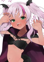  1girl bandeau bat_wings black_bandeau black_cape black_tube_top cape comandante_cappellini_(halloween)_(kancolle) comandante_cappellini_(kancolle) curled_fingers dark-skinned_female dark_skin fangs green_eyes halloween_costume head_wings highres kantai_collection multicolored_hair official_alternate_costume open_mouth pink_hair simple_background solo strapless streaked_hair teeth toriniku_senshi_chikinman tube_top upper_teeth_only vampire_costume white_background wings 