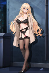  1girl black_bra black_garter_belt black_panties black_thighhighs blonde_hair blue_eyes bra breasts brown_coat coat exhibitionism garter_belt hair_between_eyes high_heels highres large_breasts lion_(warship_girls_r) long_hair long_sleeves navel open_clothes open_coat panties public_indecency sex_toy solo standing thighhighs underwear very_long_hair vibrator vibrator_cord vibrator_in_thighhighs vibrator_under_clothes vibrator_under_panties warship_girls_r xnnagu 