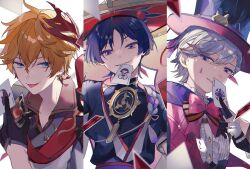  3boys ahoge belt between_fingers black_corset black_gloves black_headwear black_shirt black_vest blue_eyes blunt_ends bow bowtie brown_bow brown_bowtie brown_shirt buttons cape card card_in_mouth cat_hat_ornament collarbone collared_shirt corset covered_collarbone crystal_earrings detached_sleeves diamond_button earrings eyeshadow frills gem genshin_impact gloves gold_trim gradient_background grey_hair grey_jacket hair_between_eyes hand_up hat hat_ornament hat_ribbon highres holding holding_card jacket jewelry jingasa long_sleeves looking_at_viewer lyney_(genshin_impact) makeup male_focus mandarin_collar mask mask_on_head mitsudomoe_(shape) mouth_hold multicolored_background multicolored_hair multiple_boys necklace open_clothes open_vest orange_hair parted_bangs pink_bow pink_bowtie pink_cape playing_card puffy_detached_sleeves puffy_long_sleeves puffy_sleeves purple_background purple_belt purple_cape purple_eyes purple_hair purple_ribbon red_eyeshadow red_gemstone red_hair red_headwear red_mask ribbon scaramouche_(genshin_impact) shirt short_hair short_sleeves simple_background single_earring sleeveless sleeveless_shirt smile smug standing streaked_hair striped_bow striped_bowtie striped_clothes striped_ribbon syerii tartaglia_(genshin_impact) teardrop_facial_mark tomoe_(symbol) tongue tongue_out top_hat two-tone_gloves v-shaped_eyebrows vest white_background white_gloves wing_collar yellow_background  rating:General score:3 user:danbooru