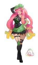 1girl black_shirt colored_eyelashes gradient_hair green_eyes green_hair harmony_(splatoon) hat little_blood long_hair miniskirt multicolored_hair nintendo open_mouth pink_hair shirt shoes short_sleeves skirt solo splatoon_(series) splatoon_3 tentacle_hair