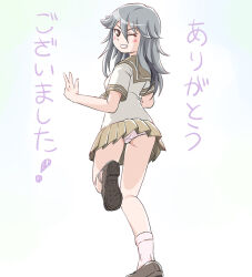  1girl ass blush_stickers breasts brown_eyes brown_sailor_collar brown_shoes brown_skirt commentary_request female_focus from_behind grey_hair grin hair_between_eyes loafers long_hair looking_at_viewer looking_back one_eye_closed original panties pink_panties pleated_skirt running sailor_collar shirt shoe_soles shoes short_sleeves skirt small_breasts smile socks solo takapi_(chimee_house) translation_request trefoil underwear v-shaped_eyebrows white_shirt white_socks 
