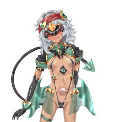  1girl absurdres black_gloves blush breasts cameltoe corruption covered_erect_nipples cowboy_shot dark-skinned_female dark_persona dark_skin demon_tail elbow_gloves g11_(girls&#039;_frontline) girls&#039;_frontline gloves gluteal_fold grey_hair headband heart highres logia13laplace long_hair low_wings mask medium_hair navel one-piece_swimsuit open_mouth pubic_tattoo red_headband see-through_clothes shiny_clothes shiny_skin shrug_(clothing) simple_background skirt slave_gear slingshot_swimsuit small_breasts smile solo standing swimsuit tail tattoo thigh_strap transparent_background ts_magical_girl_nao variant_set wings 