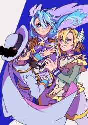  3boys ascot asymmetrical_bangs beads belt belt_buckle black_belt black_bow black_bowtie black_mask black_pants black_pepper_(precure) blonde_hair blue_background blue_eyes blue_hair blue_sleeve_cuffs bow bowtie buckle cape choker clenched_hand coat collared_coat commentary_request cowboy_shot crossdressing crossdressing_(mtf) cure_infini delicious_party_precure epaulettes eye_mask floating_clothes floating_hair frilled_shirt frills gold_buckle green_bow green_shirt grin hair_beads hair_between_eyes hair_ornament hair_over_one_eye hat hat_feather headset highres hugtto!_precure in-franchise_crossover julio_(precure) kirakira_precure_a_la_mode long_hair long_sleeves magical_boy magical_girl male_focus military_uniform miniskirt multiple_boys pants pantyhose parted_lips precure purple_ascot sekiguchi_(mitemite_mitene) shinada_takumi shirt side_cape signature skirt sleeve_cuffs smile standing sun_hat two-tone_background very_long_hair waist_bow wakamiya_henri white_background white_bow white_bowtie white_cape white_choker white_coat white_hat white_pantyhose white_skirt wing_hair_ornament 