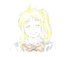  1girl ^_^ ahoge bad_id bad_twitter_id blonde_hair blush bocchi_the_rock! bow bowtie braid closed_eyes collared_shirt commentary_request glub000 grin ijichi_nijika inactive_account korean_commentary polka_dot_bowtie red_bow red_bowtie shirt side_ponytail sidelocks simple_background smile solo white_background white_shirt 