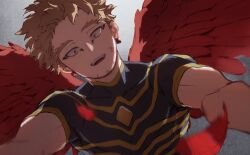  1boy 1nichi_4kai blonde_hair boku_no_hero_academia commentary_request facial_mark falling_feathers feathered_wings feathers forked_eyebrows from_below hawks_(boku_no_hero_academia) male_focus open_mouth print_shirt red_feathers red_wings shirt short_sleeves smile solo teeth tongue upper_teeth_only wings yellow_eyes 