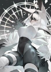 1girl 2b_(nier:automata) 2b_(nier:automata)_(cosplay) animal_ear_fluff animal_ears blush bodysuit breasts character_request commentary cosplay covered_navel dyarikku english_commentary highres large_breasts leotard mask signature solo thighhighs white_hair 