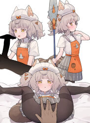  1boy 1girl animal_ear_headwear apron black_pantyhose blush buttons chef dark-skinned_male dark_skin double-breasted fake_animal_ears fingering grey_hair grey_skirt hetero loli margherita_(wuthering_waves) medium_hair open_mouth orange_apron pantyhose parted_lips penis pkpkpppk shirt short_sleeves sidelocks silhouette skirt solo_focus spread_legs sweat tail upper_body white_shirt wuthering_waves yellow_eyes 