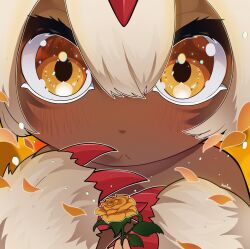 1girl :&lt; absurdres arelvab claws commentary dark-skinned_female dark_skin english_commentary faputa flower hair_between_eyes highres looking_at_viewer made_in_abyss orange_eyes orange_flower orange_rose petals portrait rose short_hair signature solo 