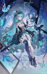  1girl absurdres aqua_eyes aqua_hair asymmetrical_legwear black_dress black_gloves blue_butterfly blue_hair boots breasts bug butterfly cleavage cleavage_cutout closed_mouth clothing_cutout double_bun dress elbow_gloves frills full_body gloves hair_between_eyes hair_bun hairband hatsune_miku highres holding insect long_hair looking_at_viewer original shu_bing single_thighhigh sitting solo thighhighs very_long_hair white_dress wings 