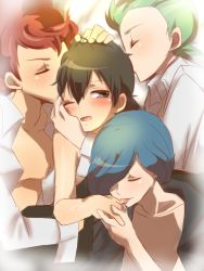  4boys age_difference ash_ketchum blush cat chili_(pokemon) cilan_(pokemon) clothed_on_nude cress_(pokemon) group_sex kiss licking male_focus multiple_boys nekonekopunyann nintendo open_clothes open_shirt pokemon pokemon_(anime) shirt topless_male yaoi  rating:Questionable score:28 user:Ezalias