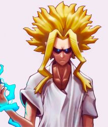  1boy absurdres all_might black_sclera blonde_hair blue_eyes boku_no_hero_academia closed_mouth colored_sclera frown furrowed_brow hair_slicked_back highres long_hair looking_at_viewer male_focus parted_bangs shirt short_sleeves skaggshood solo upper_body white_background white_shirt  rating:General score:0 user:danbooru
